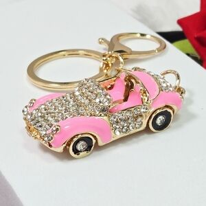 Pink Rhinestone Mini Car Keychain Barbiecore Sparkly Bag Charm Key Ring Clip